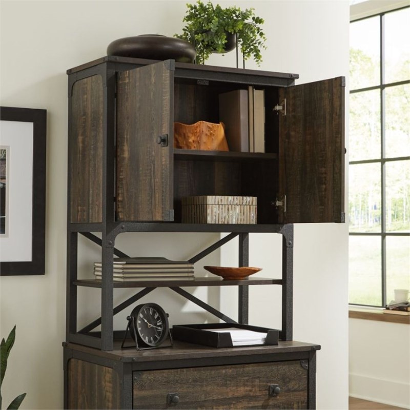 Home Square 3-Piece Set with L-Shaped Desk Library Base & Hutch in Carbon Oak