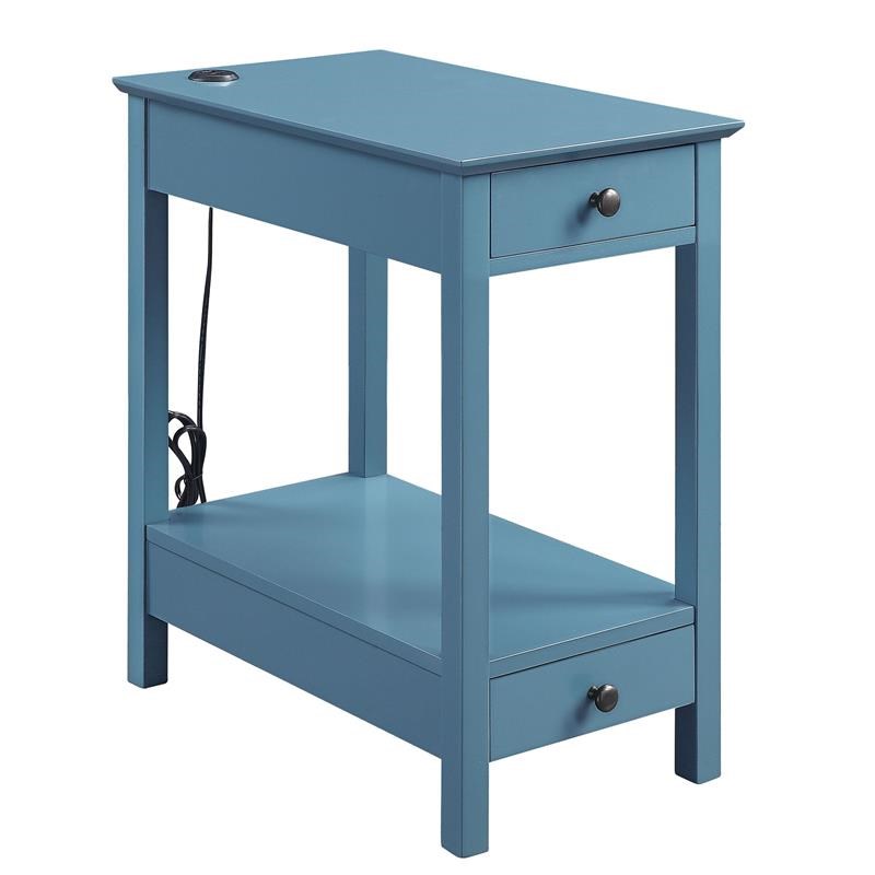 Home Square Wooden Frame Side Table with 2 Drawers in Teal Blue - Set of 2
