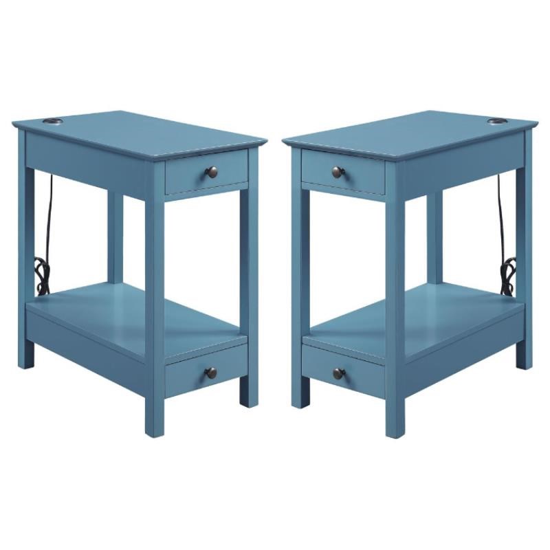 Home Square Wooden Frame Side Table with 2 Drawers in Teal Blue - Set of 2