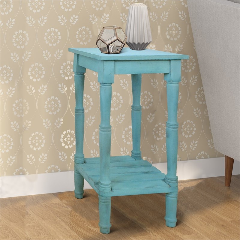 Home Square 29 Inch Foldable Mango Wood Side Table in Antique Blue - Set of 2