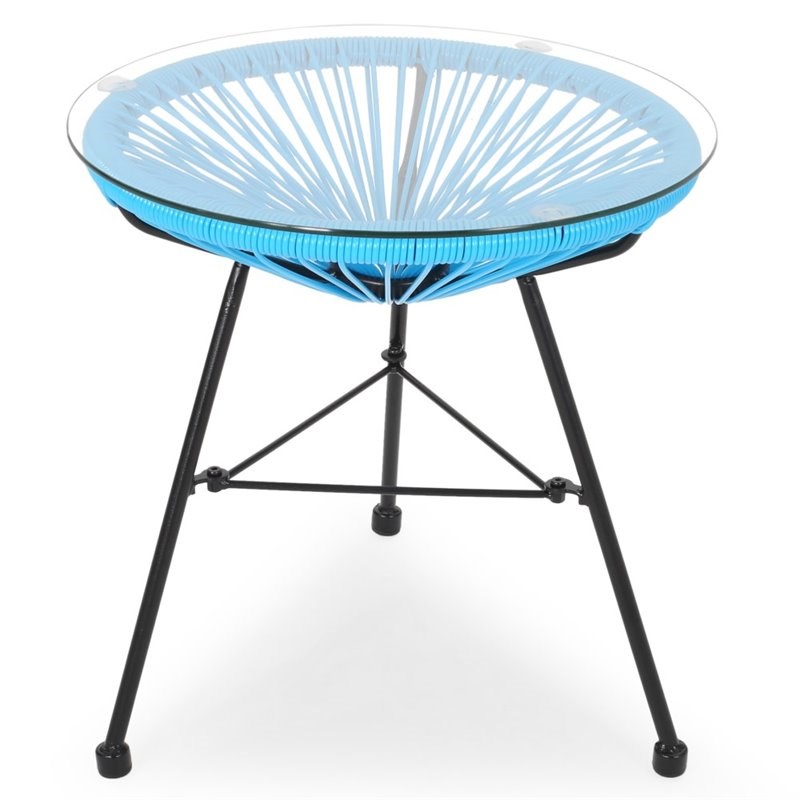 Home Square Outdoor Glass Top Faux Rattan Side Table in Blue - Set of 2