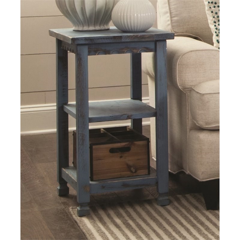 Home Square Country Cottage 2-Shelf End Table in Blue Antique Finish - Set of 2