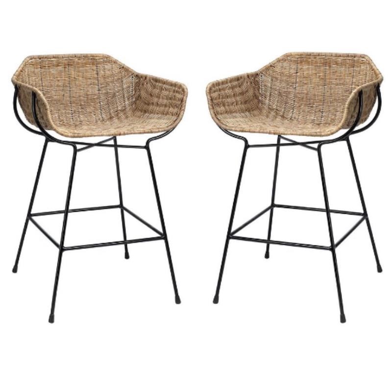Home Square Metal & Rattan Counter Stool in Black & Natural - Set of 2
