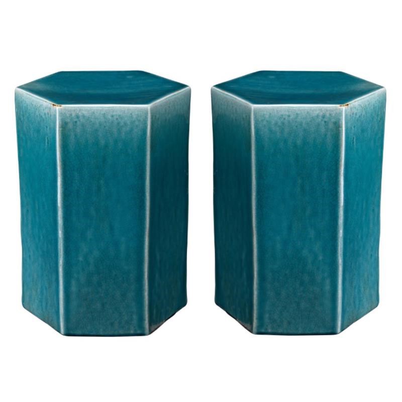 Home Square Small Transitional Ceramic Side Table in Azure Blue - Set of 2