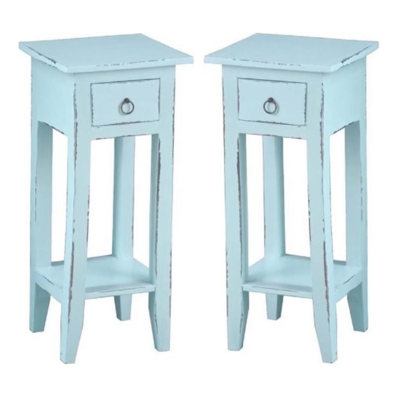 Home Square Narrow Wood Side Table in Sky Blue & Antique Iron - Set of 2