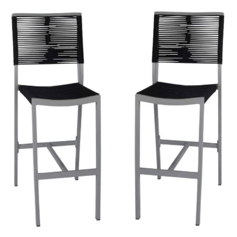Home Square Aluminum Patio Bar Side Stool in Black Rope - Set of 2