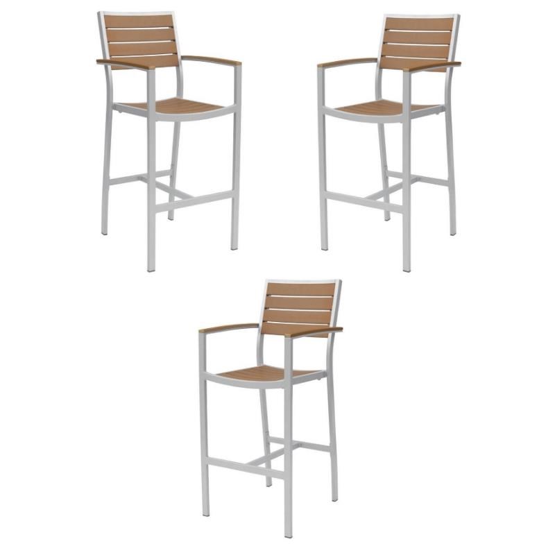 Home Square Aluminum Patio Bar Stool in Silver Frame & Teak Seat - Set of 3