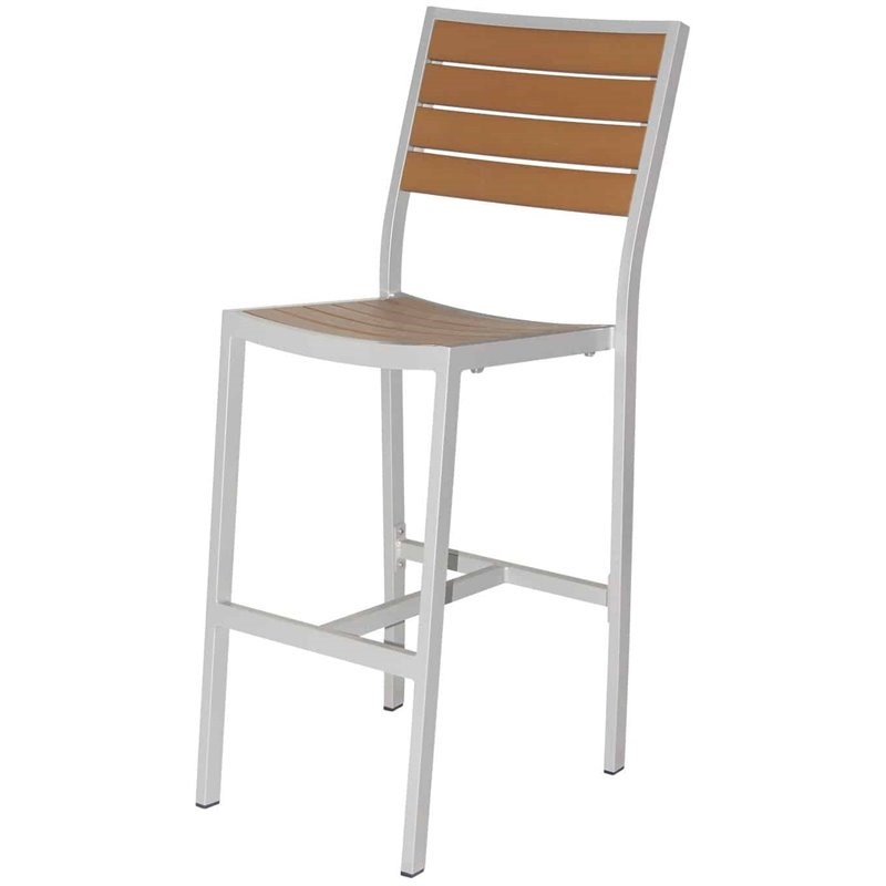 Home Square Aluminum Patio Bar Side Stool in Silver Frame & Teak Seat - Set of 3