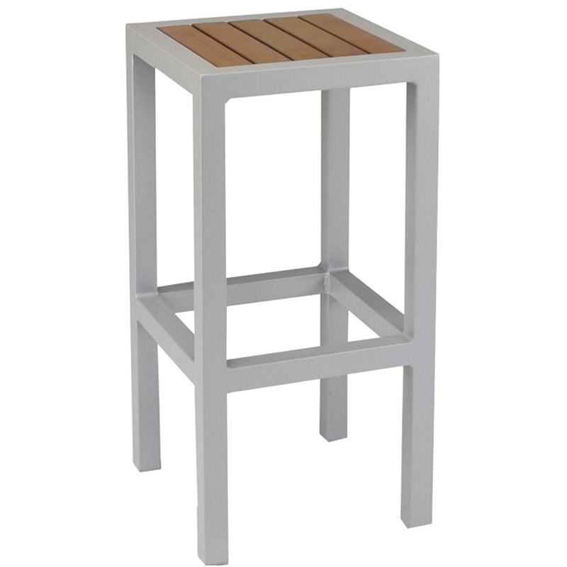 Home Square Aluminum Patio Bar Stool in Silver and Teak - Set of 3
