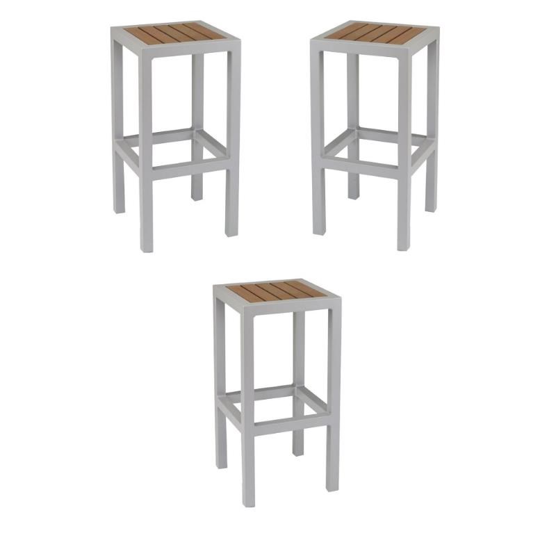 Home Square Aluminum Patio Bar Stool in Silver and Teak - Set of 3
