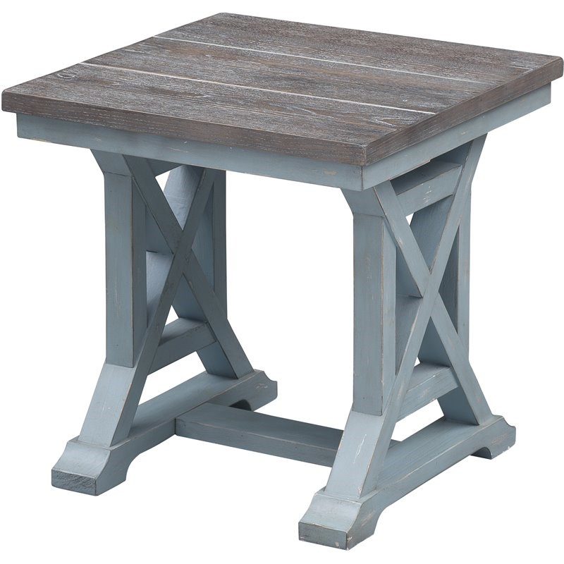 Home Square Trestle Base Solid Wood End Table in Blue Finish - Set of 2