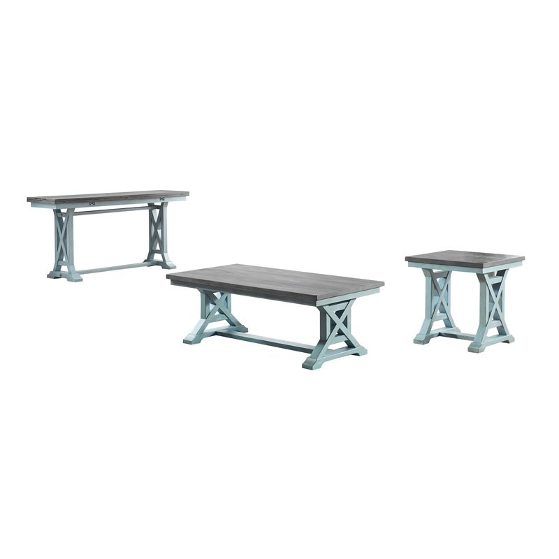 Home Square Trestle Base Solid Wood End Table in Blue Finish - Set of 2