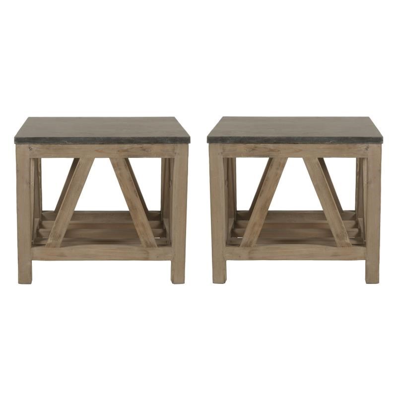 Home Square Antique Wood End Table in Gray & Blue Stone - Set of 2