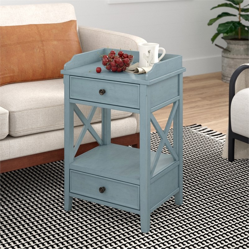 Home Square Two Drawer X Side Wood End Table in Sky Blue - Set of 2