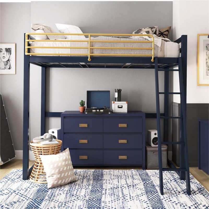 Little Seeds Monarch Hill Haven Twin Metal Loft Bed in Navy & Gold