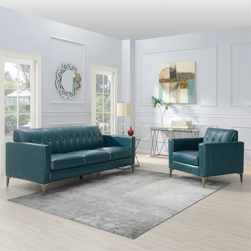 Maklaine Leather MidCentury Blue Sofa Tufted Back In Turquoise