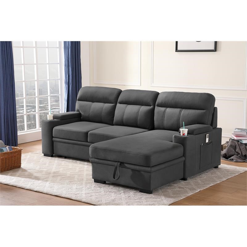 Maklaine Fabric Sleeper Sectional Sofa Chaise with Storage in Gray
