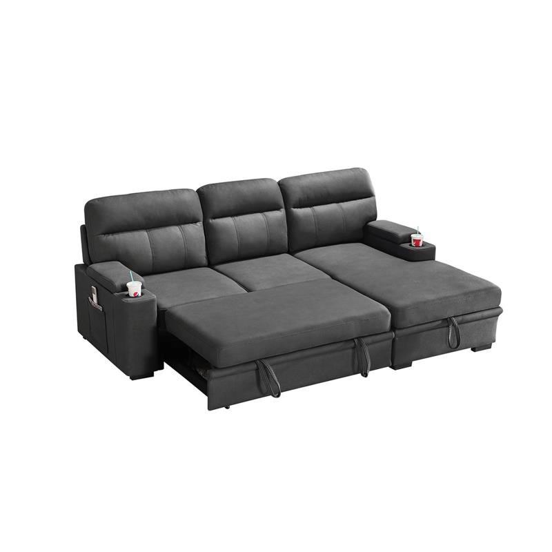 Maklaine Fabric Sleeper Sectional Sofa Chaise with Storage in Gray