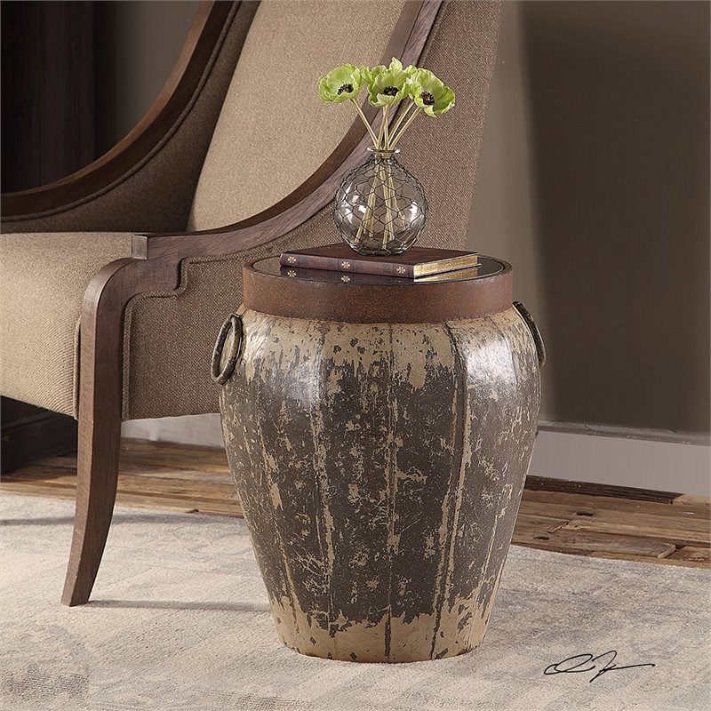 Maklaine Glass Top Metal Drum End Table in Brown and Ivory