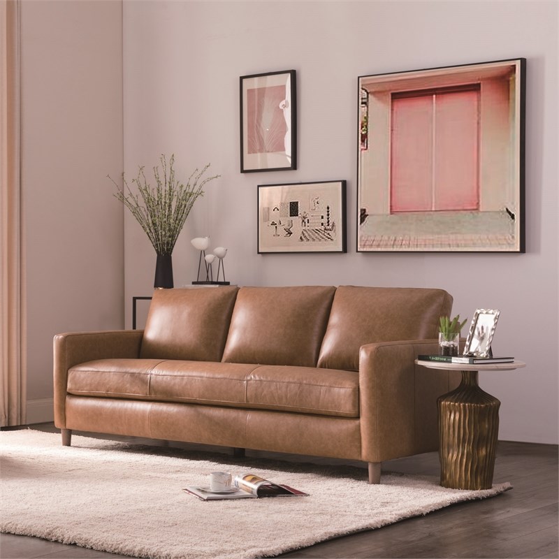 Maklaine Leather Sofa in Caramel | Homesquare
