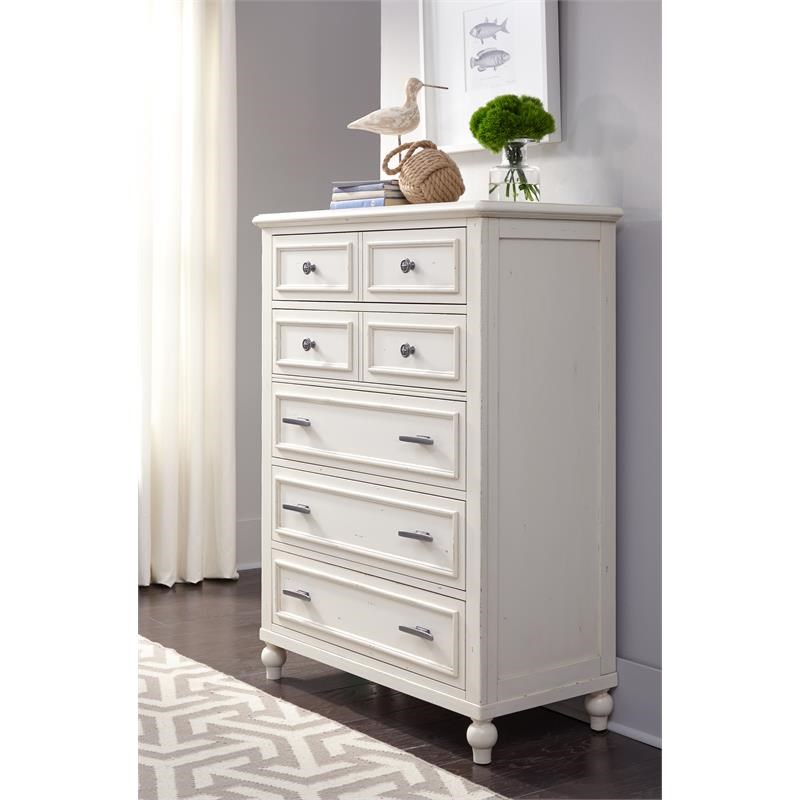 Maklaine Traditional Five Drawer Chest Pebble White Wood