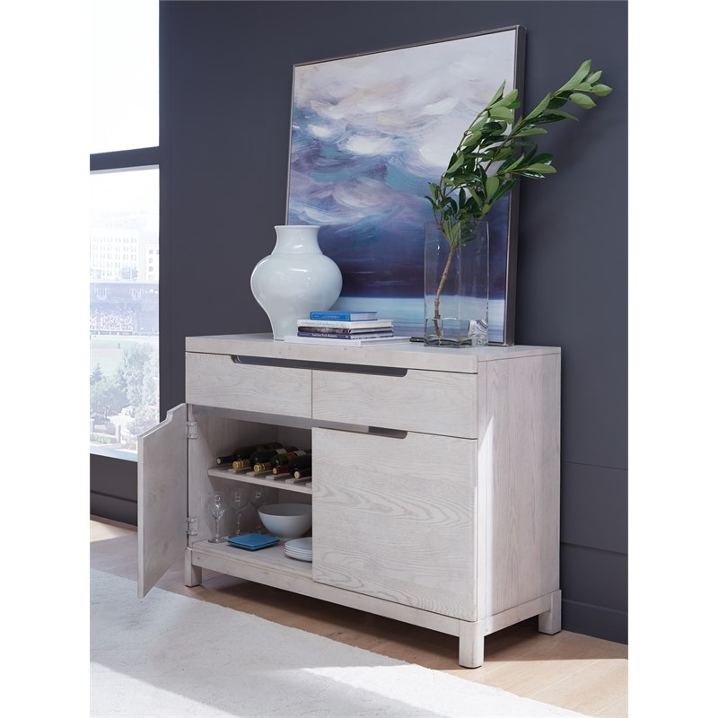 Maklaine 2 Door 2 Drawer Credenza with Chrome Trim in Cashmere White Finish Wood