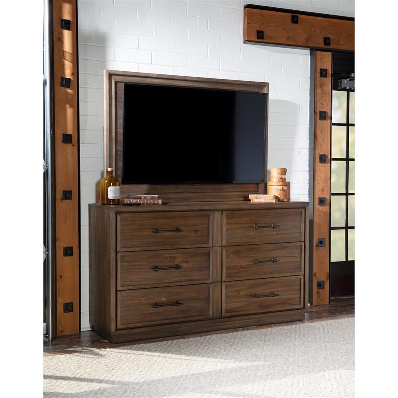 Maklaine Transitional TV Frame in Rugged Brown Finish Color Wood