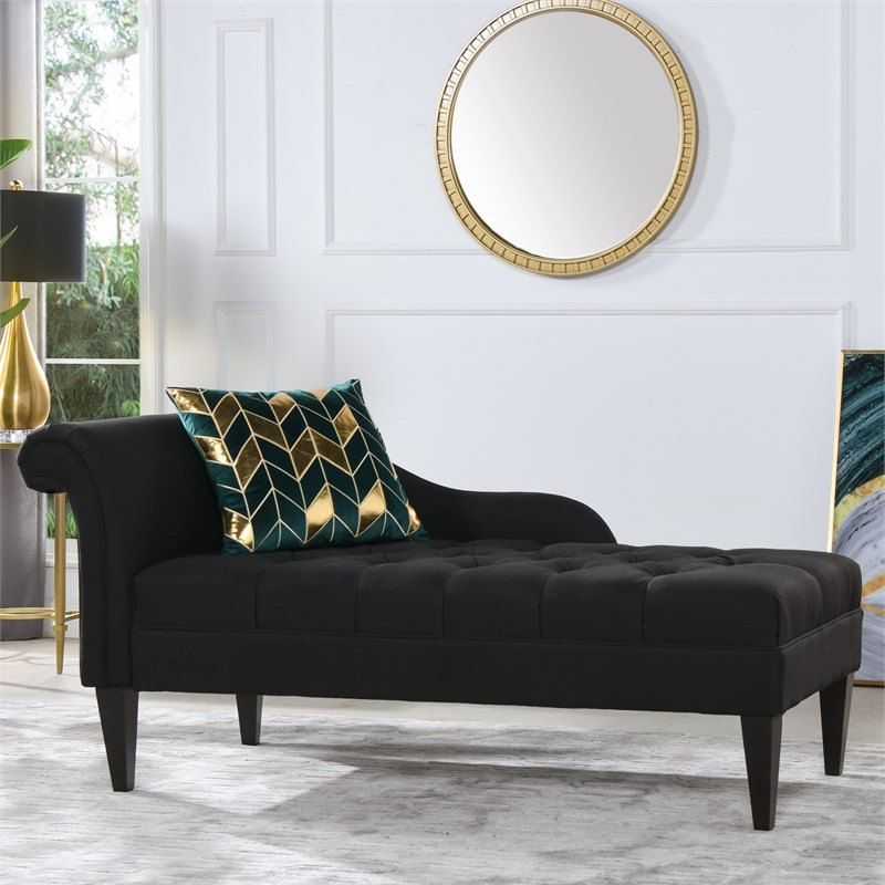 Maklaine Contemporary Hardwood Tufted Roll Arm Chaise Lounge in Jet Black