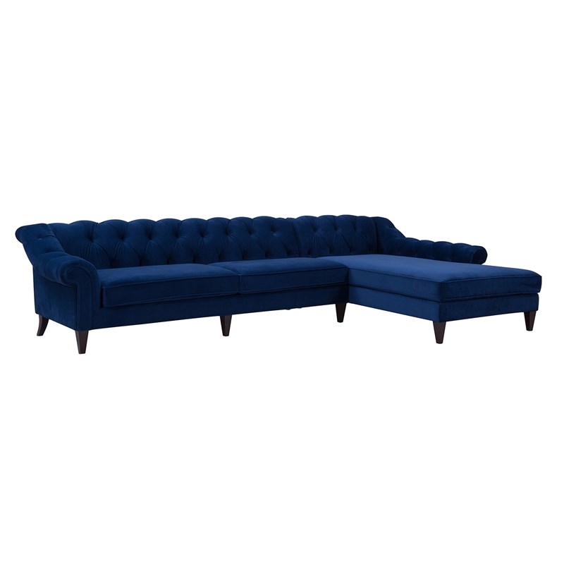 Maklaine Contemporary Hardwood Tufted Right Sectional Sofa in Navy Blue