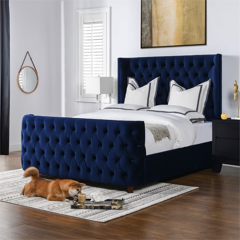 Maklaine Modern Tufted Hardwood Bed Queen in Navy Blue Velvet | Homesquare