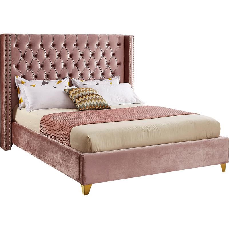 Maklaine Contemporary Upholstery Pink Velvet King Bed Homesquare