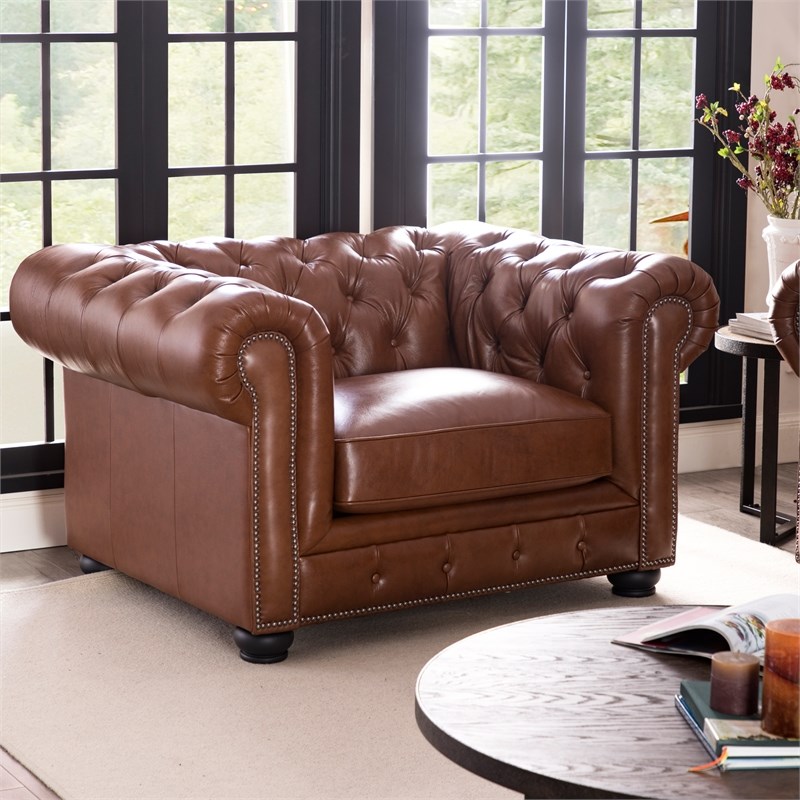 Maklaine Traditional Leather Chesterfield Accent Chair in Cobblestone