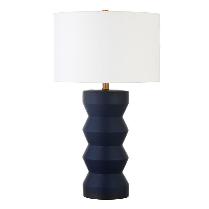 Maklaine Contemporary Ribbed Ceramic Table Lamp in Matte Navy Blue