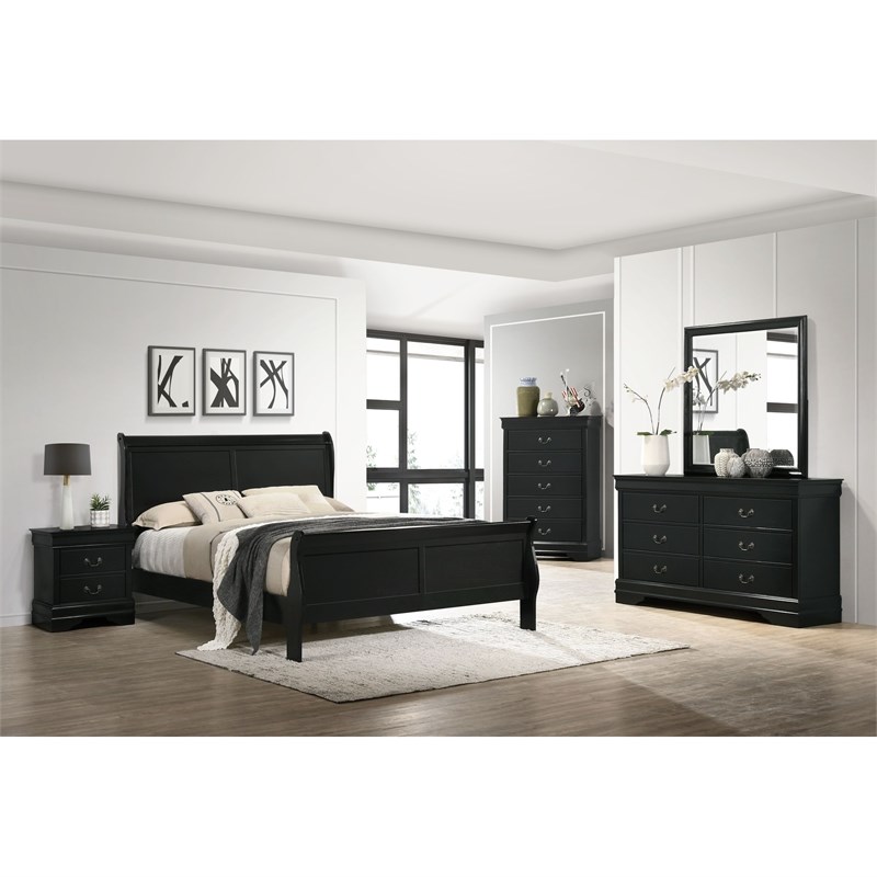 Maklaine Transitional Wood King Panel 5PC Bedroom Set in Black