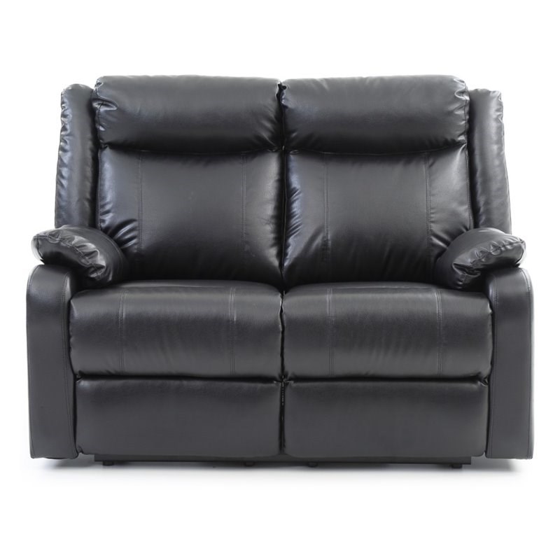 Maklaine Contemporary Faux Leather Double Reclining Loveseat in Black
