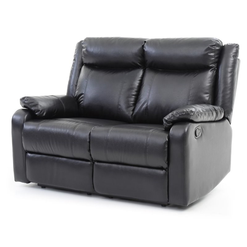 Maklaine Contemporary Faux Leather Double Reclining Loveseat in Black