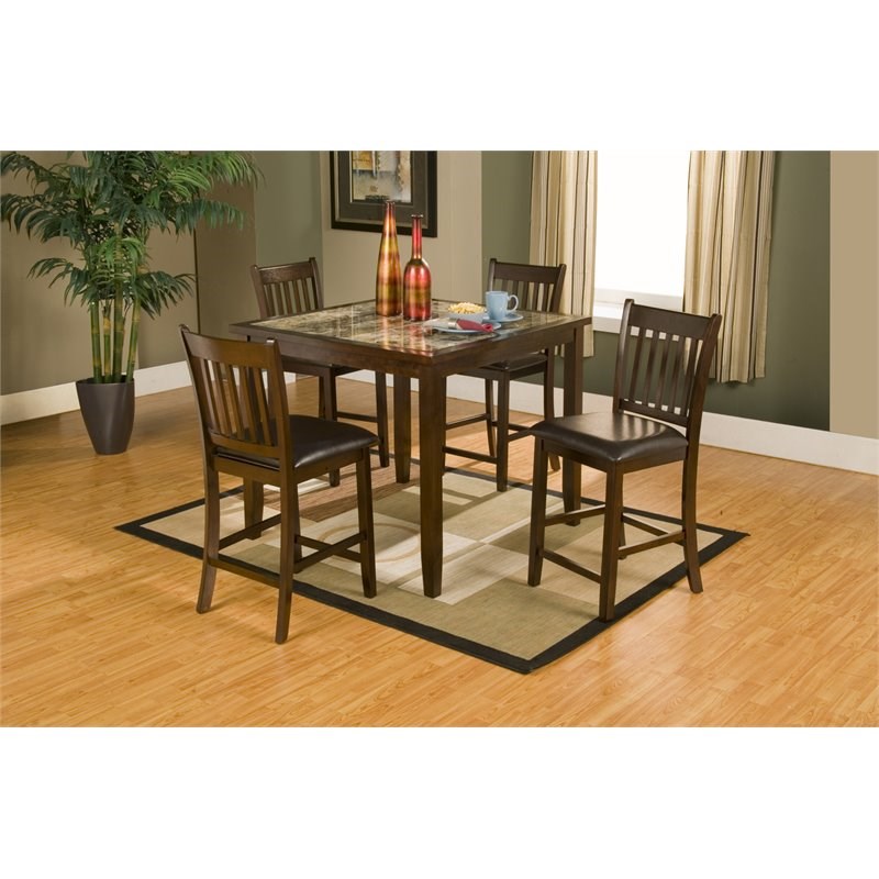 Maklaine 5 Piece Pub Set In Rubberwood With Faux Marble Top Brown