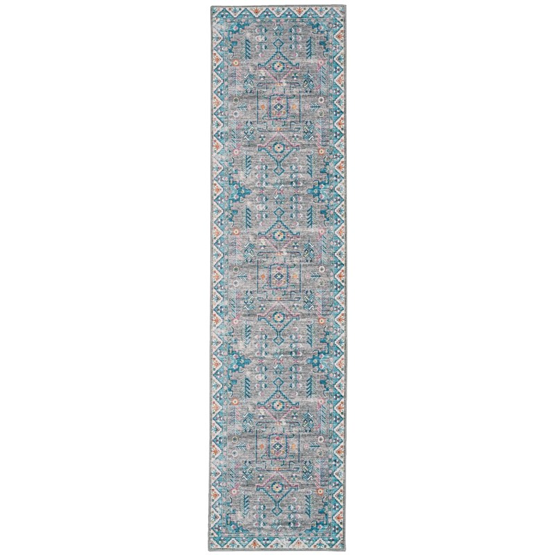 Laysan Home Transitional Washable Polyester 2'x8' Rectangle Rug in Gray / Green