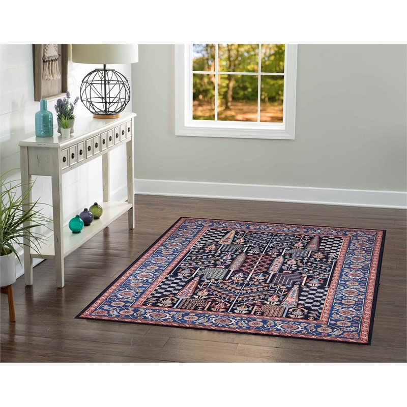Laysan Home Traditional Woven Polyester 5'x7' Rectangle Rug in Navy Blue and Red