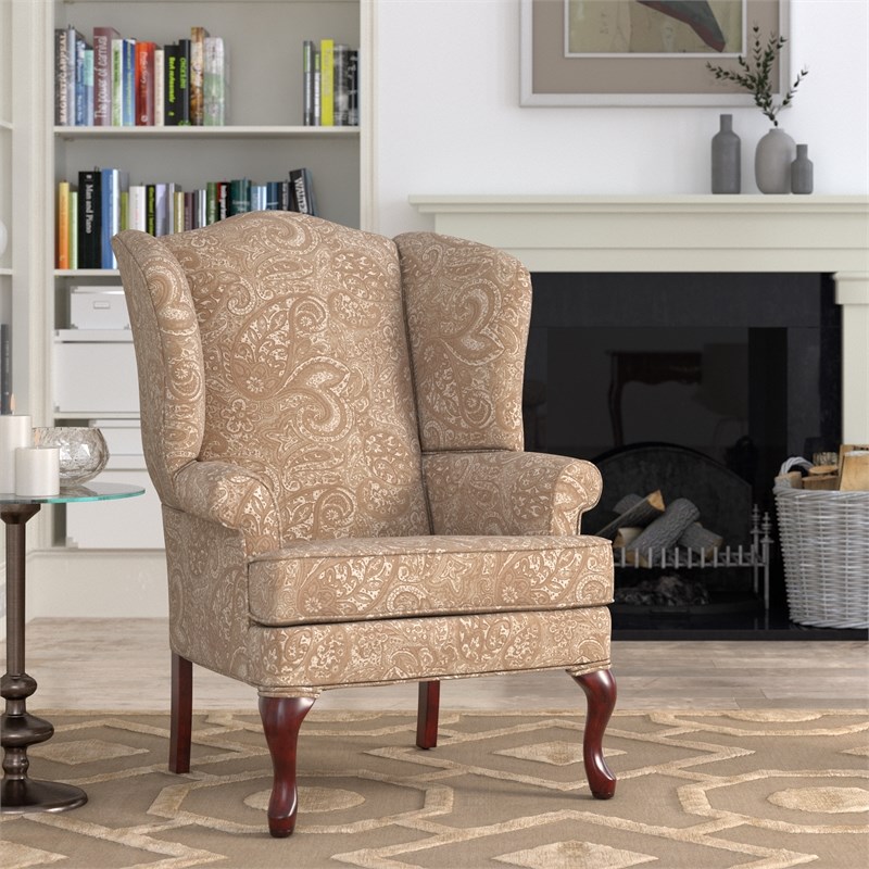 Comfort Pointe Paisley Cream Wingback Chair with Cherry Finish Homesquare