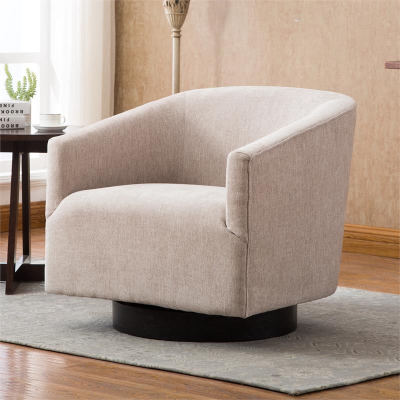 Geneva Beige Oatmeal Fabric Wooden Base Swivel Chair | Homesquare