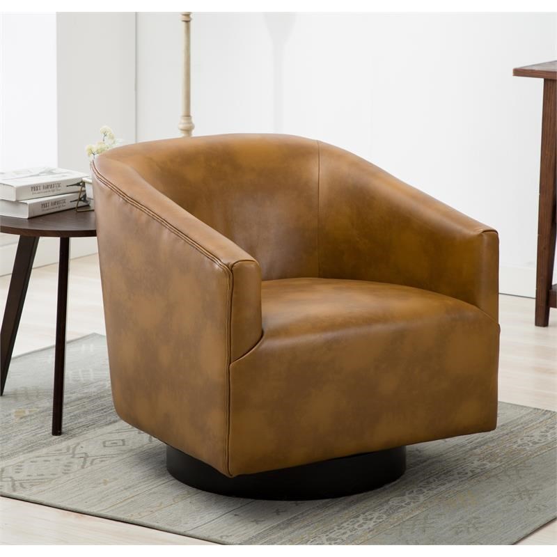 Gaven Camel Brown Wood Base Faux, Camel Leather Swivel Chairs In Living Room