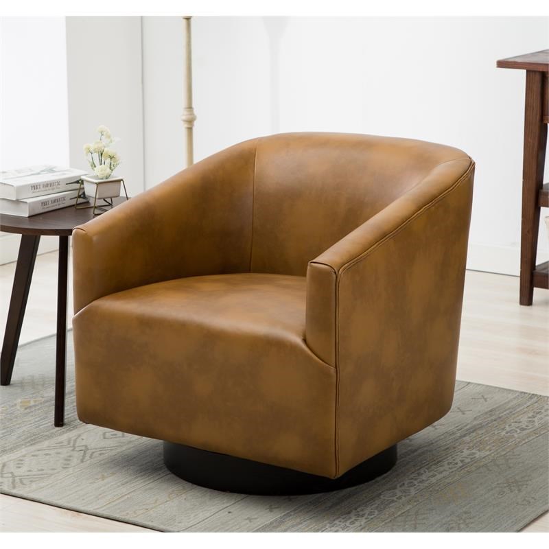 Gaven Camel Brown Wood Base Faux, Camel Leather Swivel Chairs In Living Room