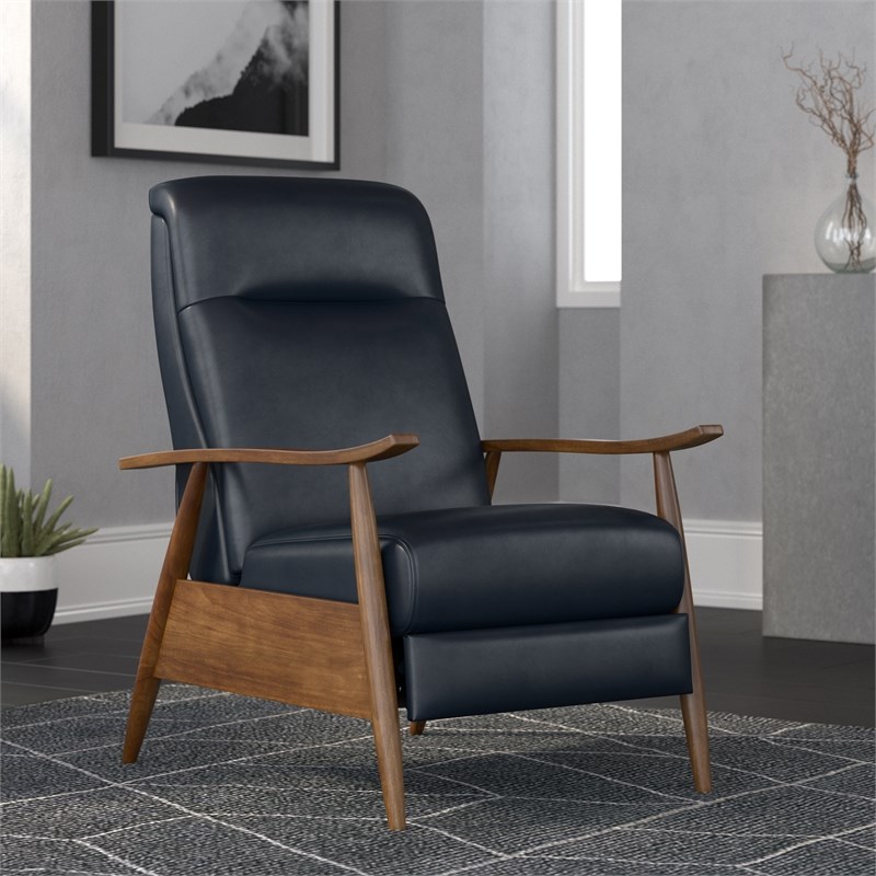 Solaris Midnight Blue Faux Leather Wooden Arm Push Back Recliner Chair