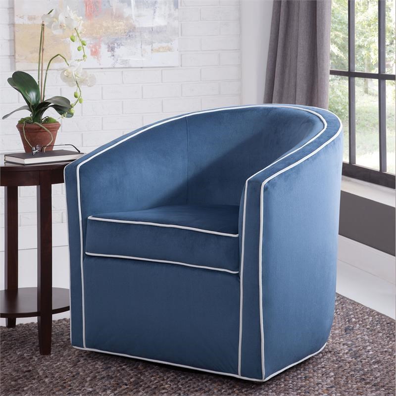 Keely Blue Velvet with Contrasting Cream Welt Barrel Swivel Chair
