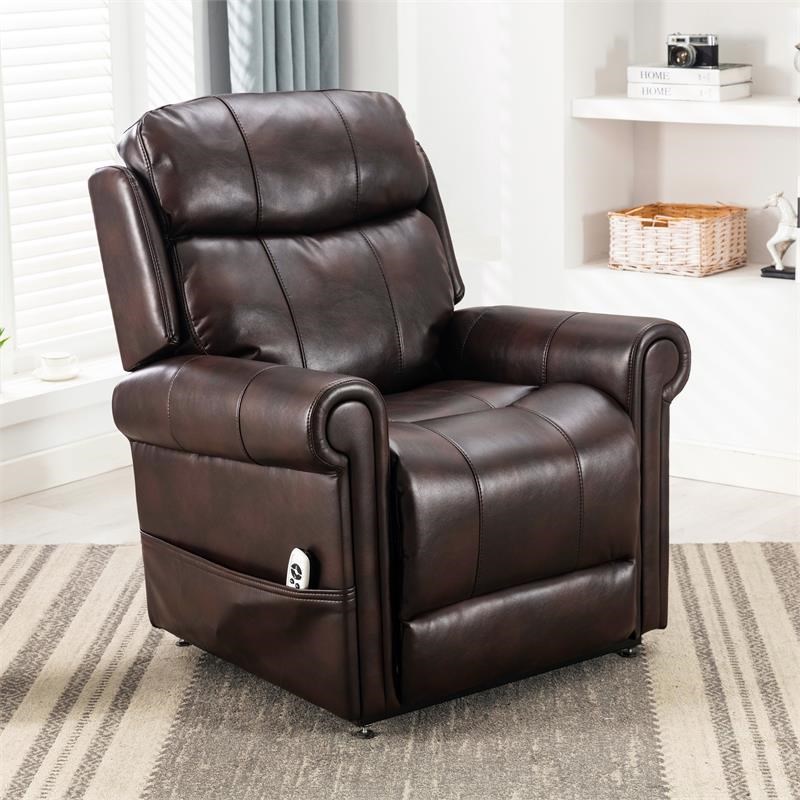 langdon burnished brown faux leather lift chair with massage 811240