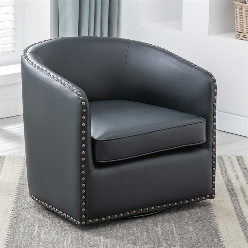 Tyler Midnight Blue Faux Leather Swivel Arm Chair with Nailhead Trim