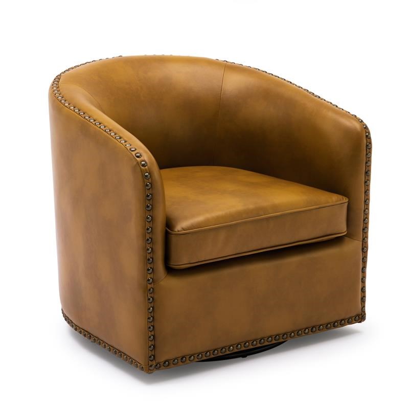 Tyler Camel Brown Faux Leather Swivel Arm Chair with Nailhead Trim