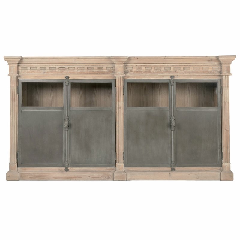 Grecian Media Sideboard in Smoke Gray Pine and Gray Steel
