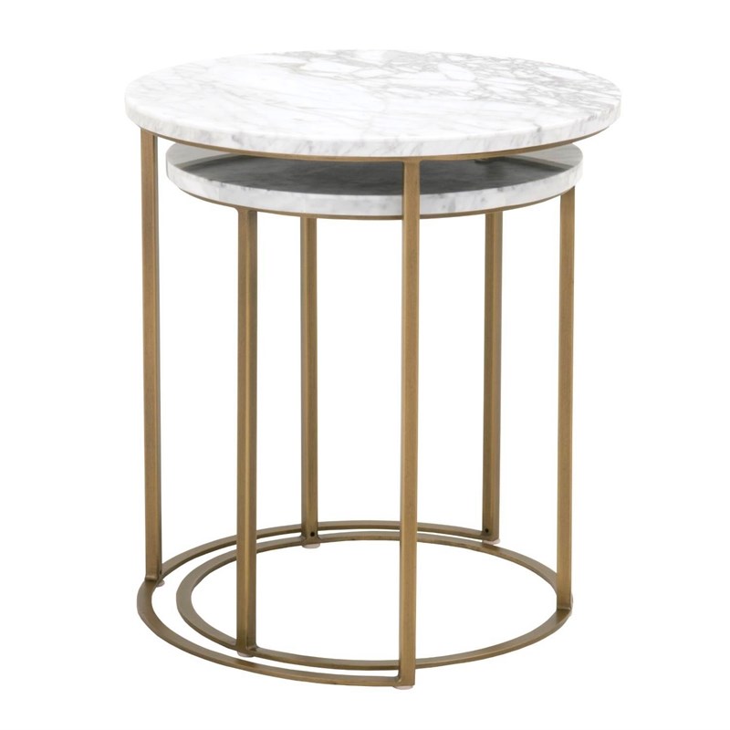 Carrera Round Nesting Accent Table in White Marble and Brushed Gold